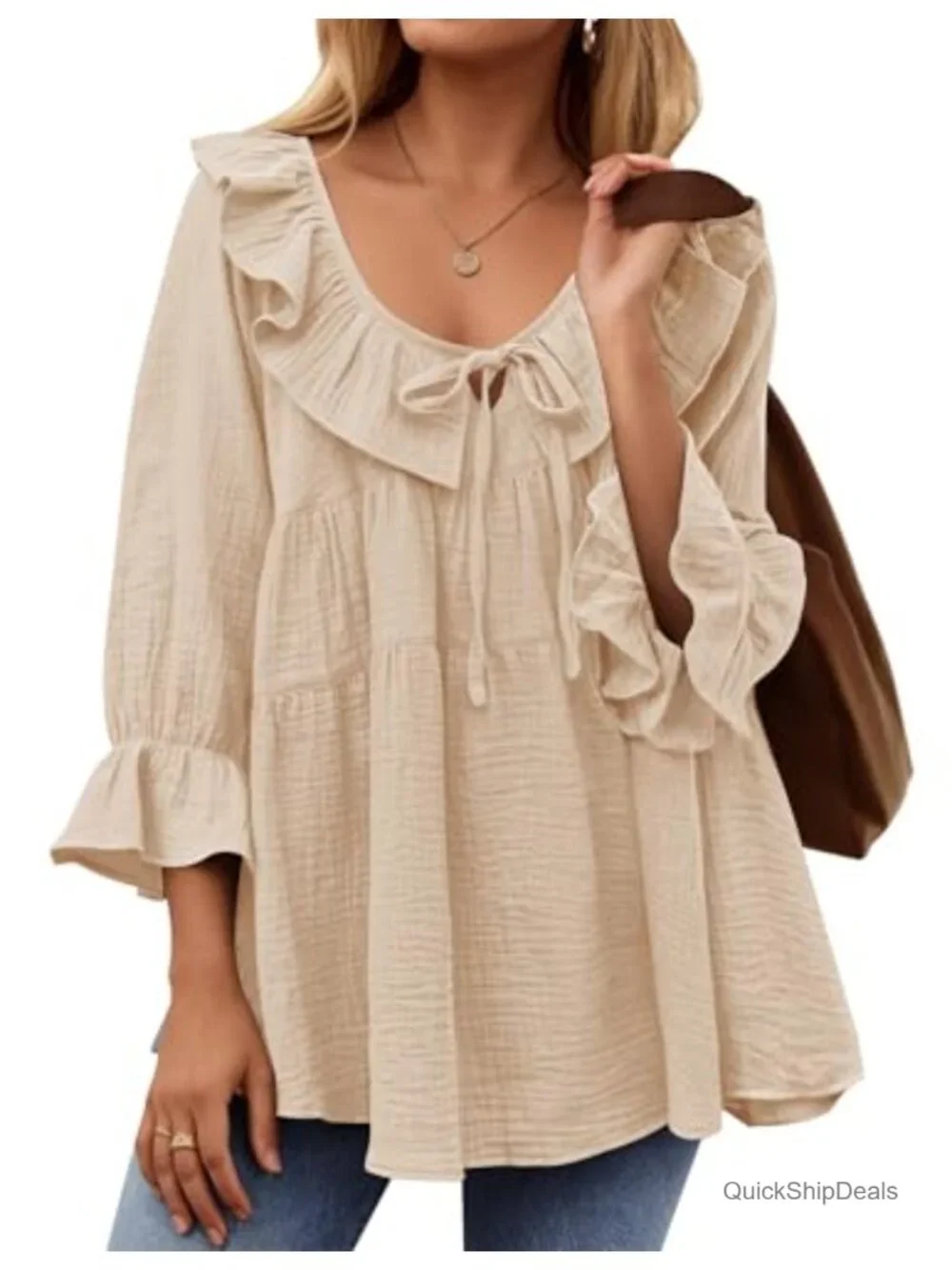 3/4 Sleeve Scoop Neck Tie Front Ruffle Tunic Blouse